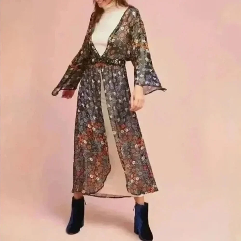 Floreat Black Floral Longline Kimono One Size Boho Anthropologie